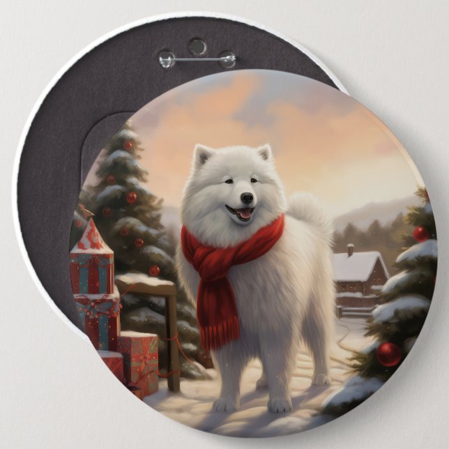 Samoyed Dog in Schneehochweihen Button (Vorne & Hinten)