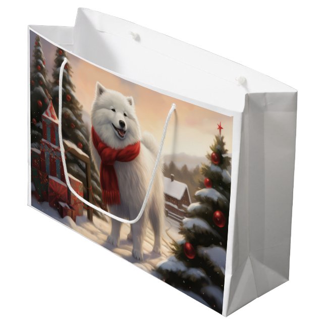 Samoyed Dog in Schneehochweihen Große Geschenktüte (Vorderseite Schrägansicht)