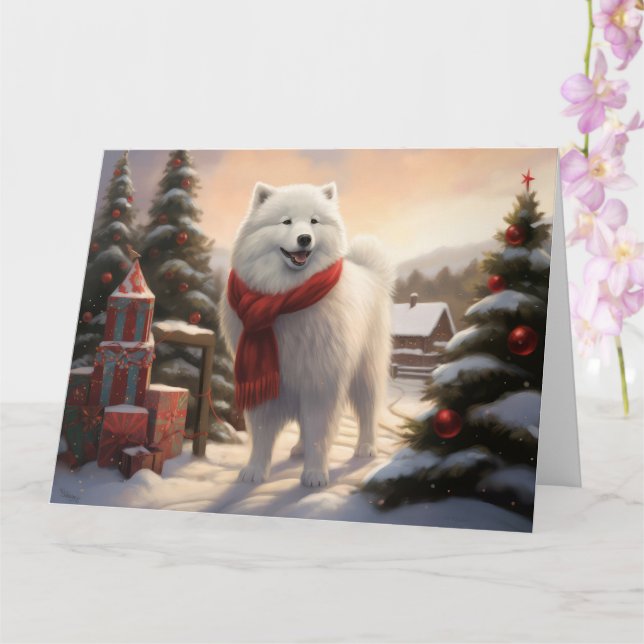Samoyed Dog in Schneehochweihen Karte (Orchidee)