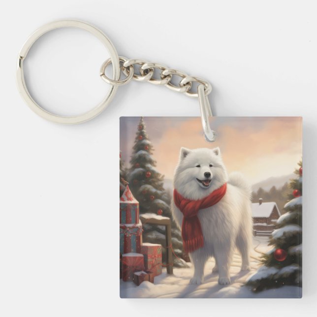 Samoyed Dog in Schneehochweihen Schlüsselanhänger (Vorderseite)