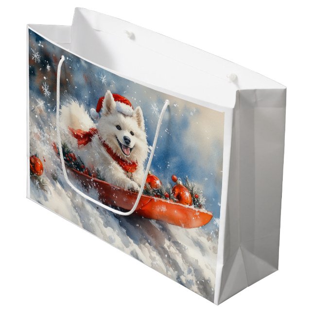 Samoyed Dog in Sledge Let it Snow Christmas Große Geschenktüte (Vorderseite Schrägansicht)