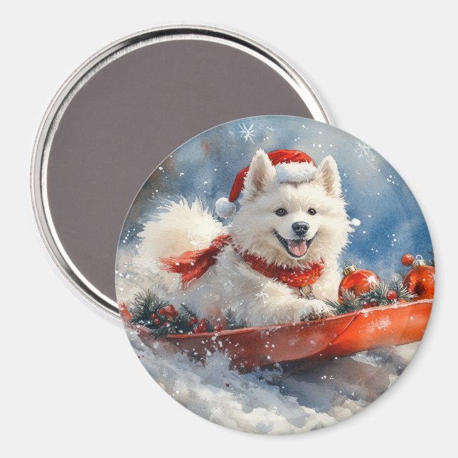 Samoyed Dog in Sledge Let it Snow Christmas Magnet (Vorderseite/Rückseite)