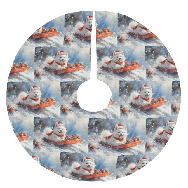 Samoyed Dog in Sledge Let it Snow Christmas Polyester Weihnachtsbaumdecke (Vorderseite)
