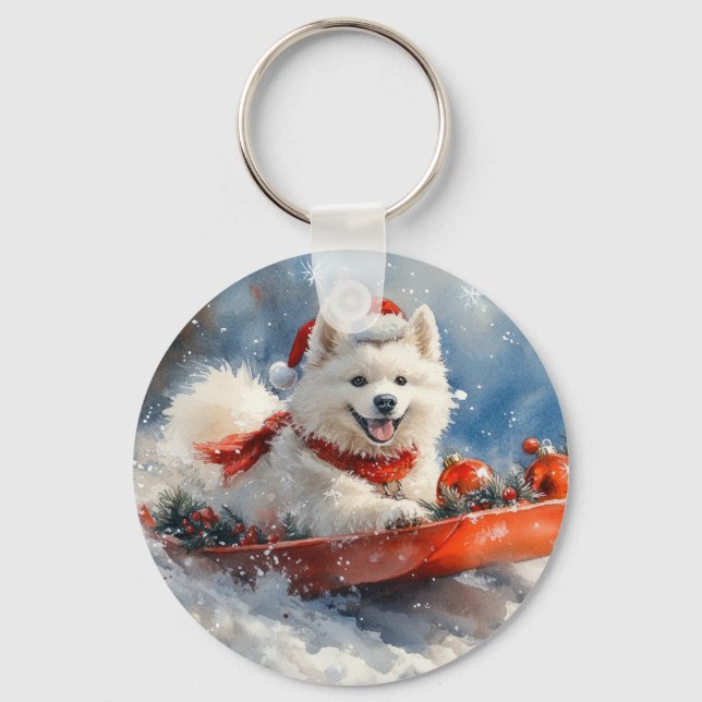 Samoyed Dog in Sledge Let it Snow Christmas Schlüsselanhänger (Vorderseite)
