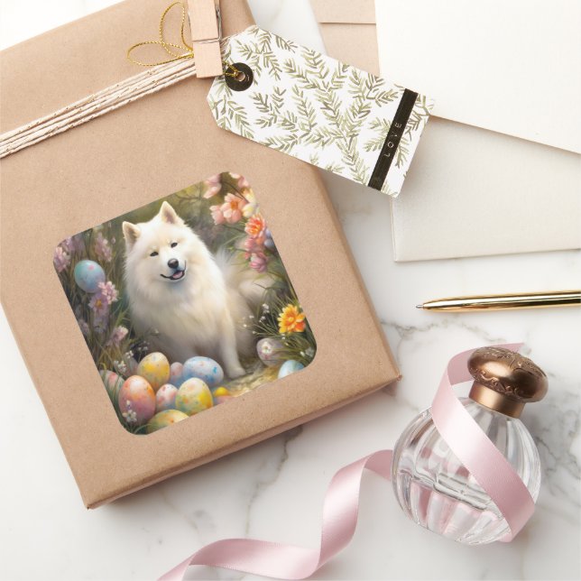 Samoyed Dog mit Ostereier Urlaub Quadratischer Aufkleber (Schenken)