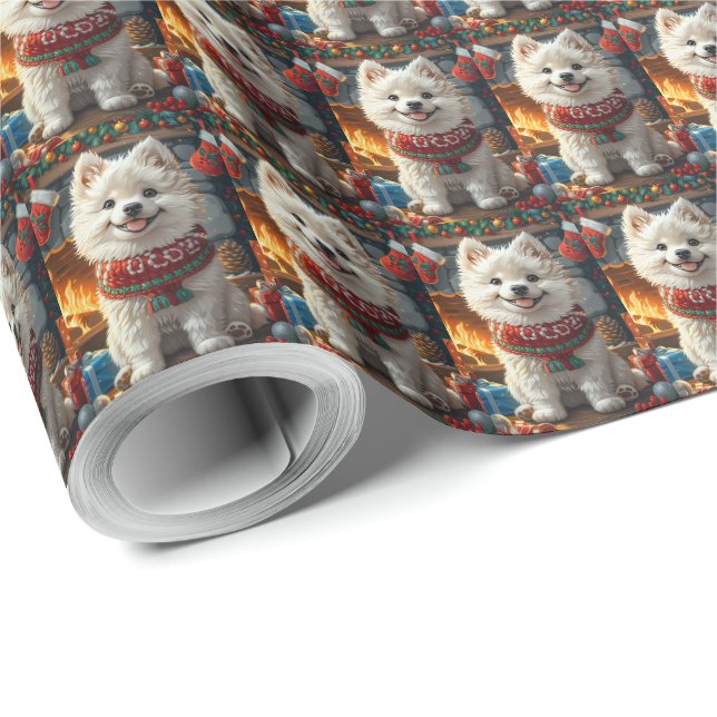 Samoyed Dog mit Weihnachtsgeschenke Kamin Geschenkpapier (Rolleneckpunkt)
