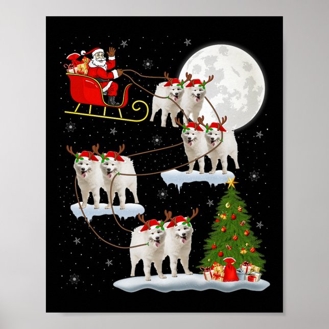 Samoyed Dog Santa Sleigh Flying Funny Magical Chri Poster (Vorne)