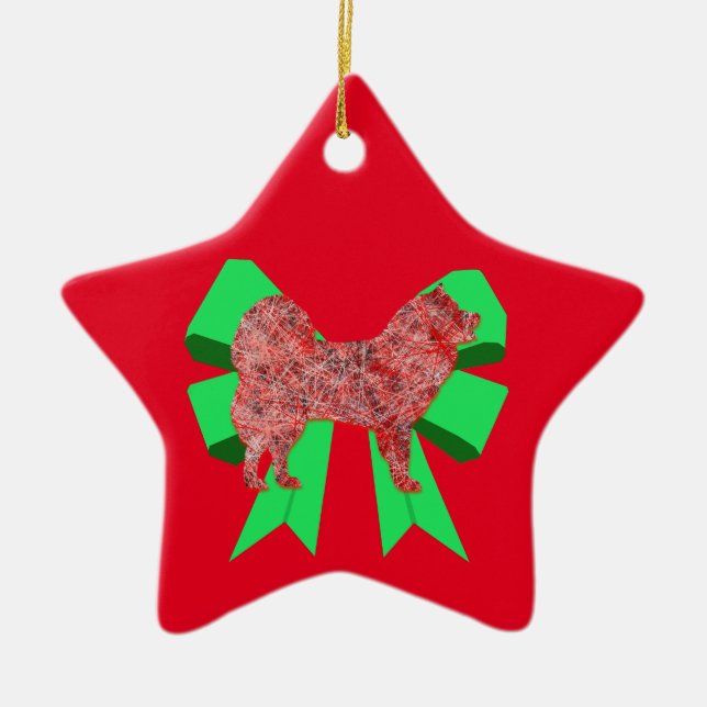 Samoyed Dog Silhouette Green Bow Weihnachten Keramik Ornament (Vorne)