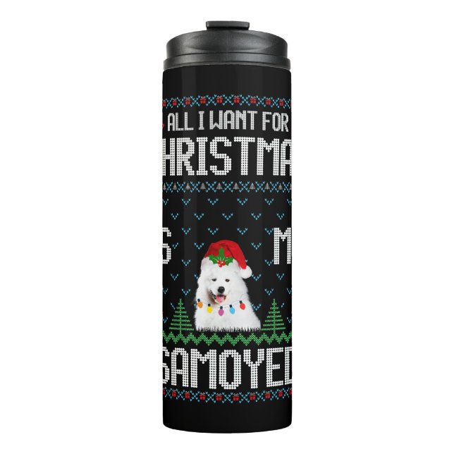 Samoyed Dog Ugly Christmas Sweater Thermosbecher (Vorderseite)