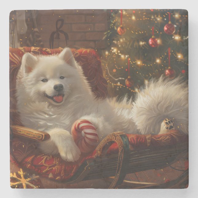 Samoyed Dog Weihnachtsfest Steinuntersetzer (Vorderseite)