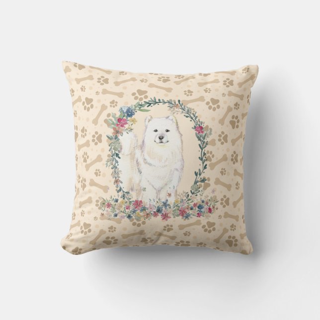 Samoyed Dow Print & Floral Niedlich Kissen (Vorderseite)