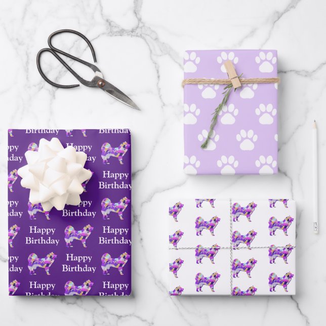 Samoyed Hund Silhouette Lila Happy Birthday Geschenkpapier Set (Vorderseite)