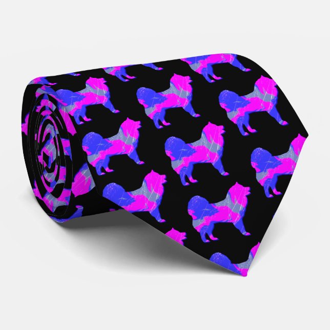 Samoyed Hund Silhouette Rosa & Blau Schwarz Krawatte (Gerollt)