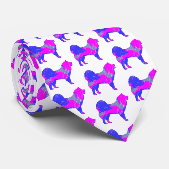 Samoyed Hund Silhouette Rosa & Blau Weiß Krawatte (Gerollt)