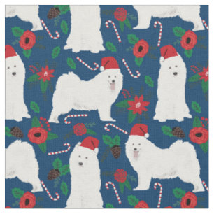 Samoyed Hunde Weihnachten Blumennacht Blau Stoff