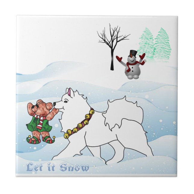 Samoyed Let it Snow Keramik Tile Fliese (Vorderseite)