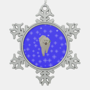 Samoyed mit Blau, Schneeflocken Zinn-Ornament