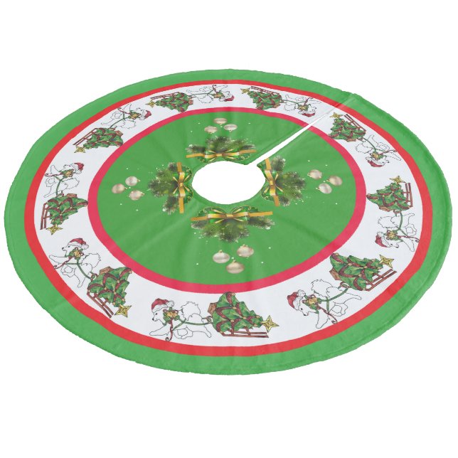 Samoyed mit Schlitten Custom Tree Skirt, Korallen Fleece Weihnachtsbaumdecke (Schrägansicht)