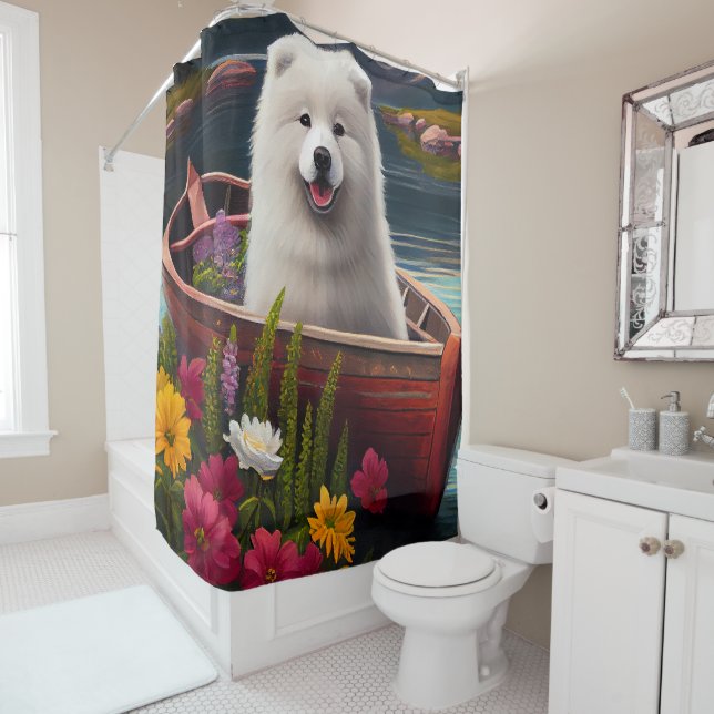 Samoyed on a Paddle: Ein Landschaftliches Abenteue Duschvorhang (Beispiel)