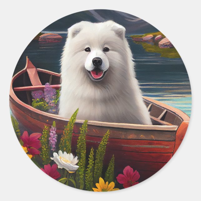Samoyed on a Paddle: Ein Landschaftliches Abenteue Runder Aufkleber (Vorderseite)
