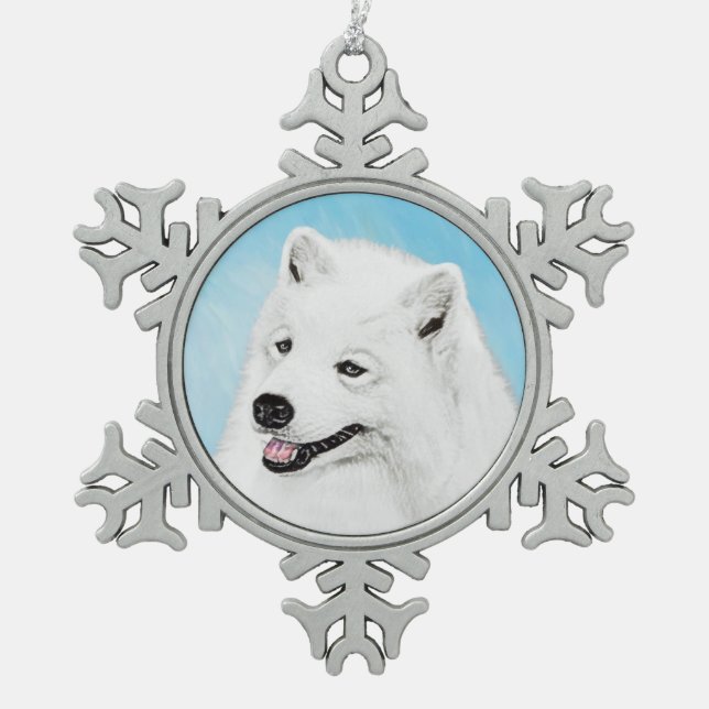 Samoyed Painting - Niedliche Original Dog Art Schneeflocken Zinn-Ornament (Vorderseite)