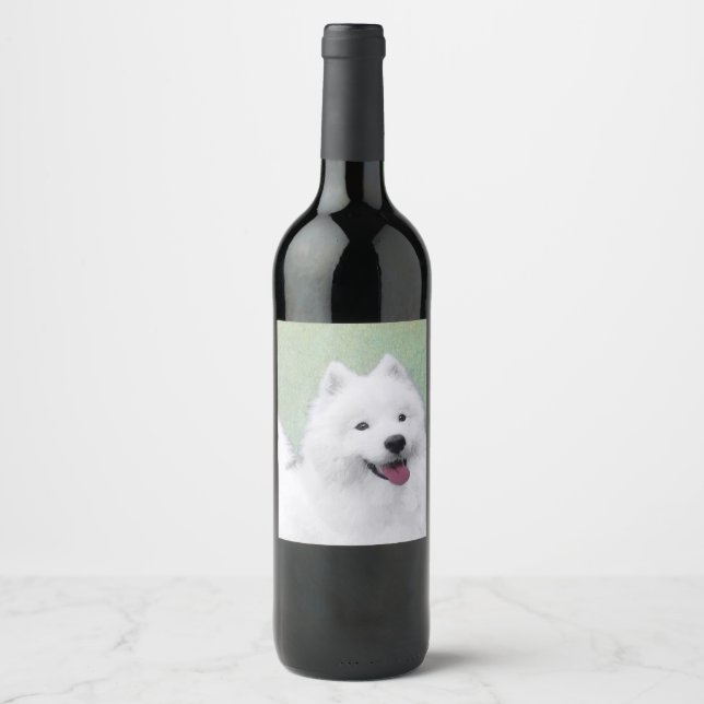 Samoyed Painting - Niedliche Original Dog Art Weinetikett (Vorderseite)