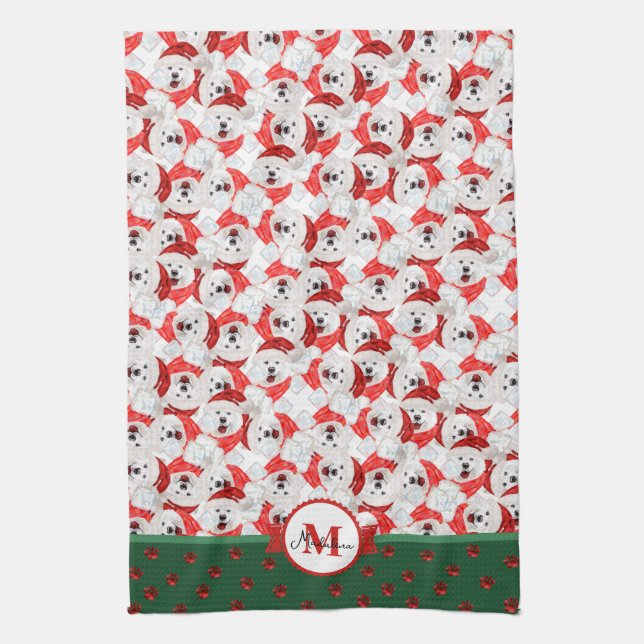 Samoyed Pattern Monogram Christmas Dog Geschirrtuch (Vertikal)