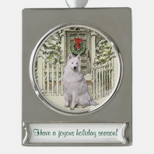 Samoyed-personalisiertes Weihnachten Banner-Ornament Silber