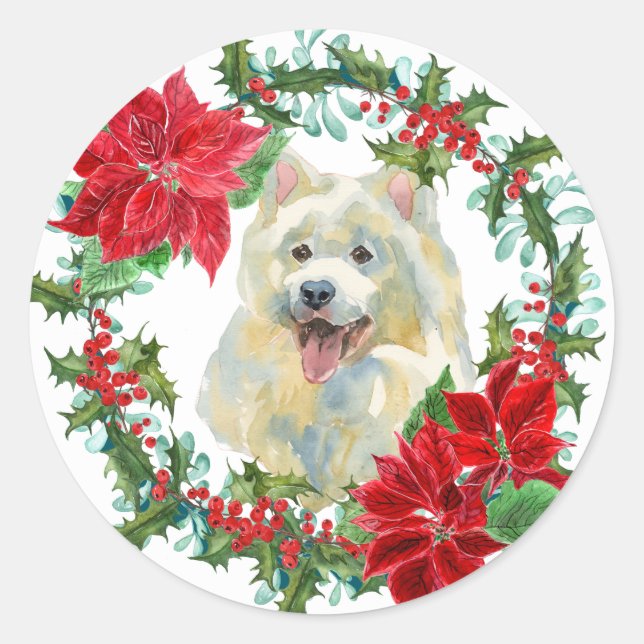 Samoyed Poinsettia Holly Holiday Wreath Runder Aufkleber (Vorderseite)