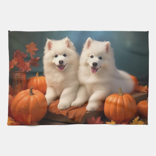 Samoyed Puppy Autumn Delight Pumpen Geschirrtuch (Horizontal)