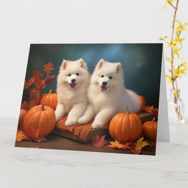 Samoyed Puppy Autumn Delight Pumpen Karte (Gelbe Blume)