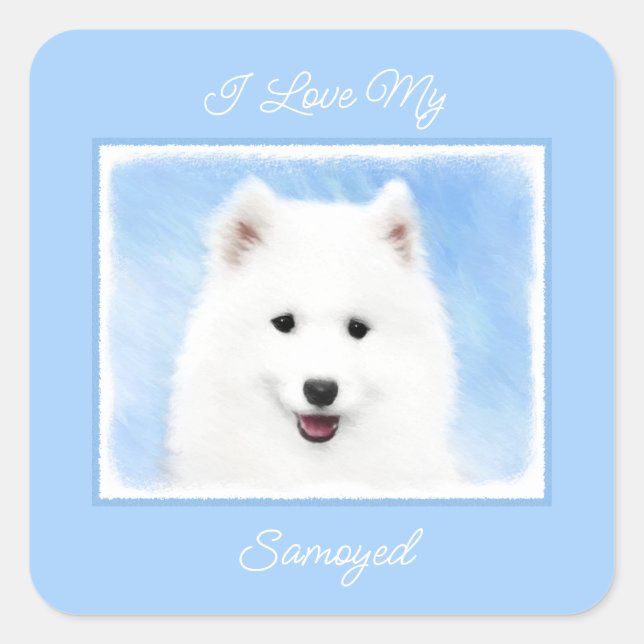 Samoyed Puppy Malerei - Niedlich Original Hunde Ar Quadratischer Aufkleber (Vorderseite)