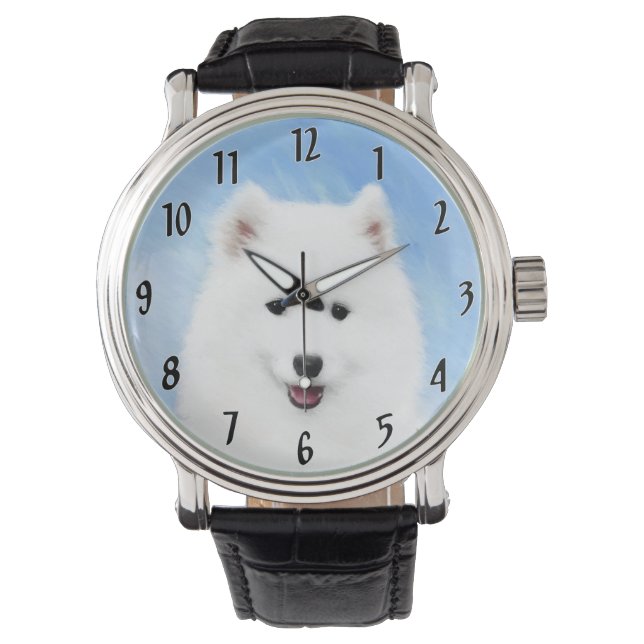 Samoyed Puppy Malerei - Niedliche Original Dog Art Armbanduhr (Vorderseite)