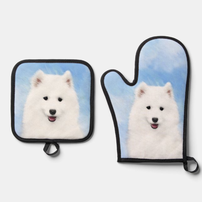 Samoyed Puppy Malerei White Niedlich Original Dog  Ofenhandschuh & Topflappen-Set (Vorderseite)