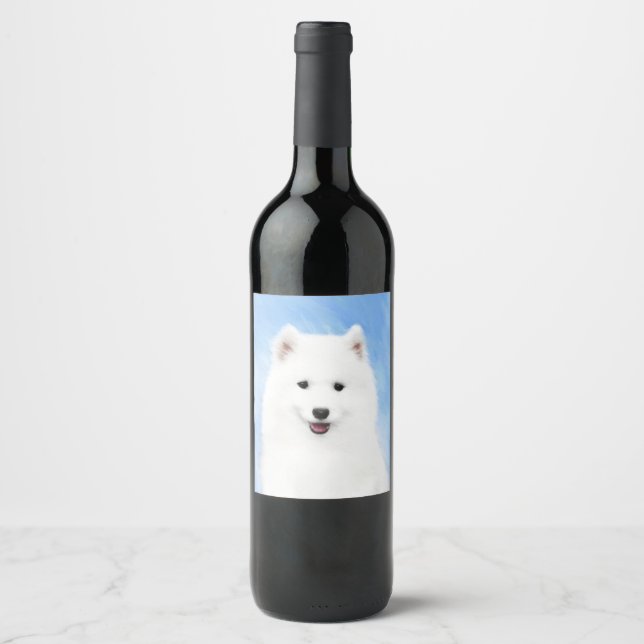 Samoyed Puppy Painting - Cute Original Dog Art Weinetikett (Vorderseite)