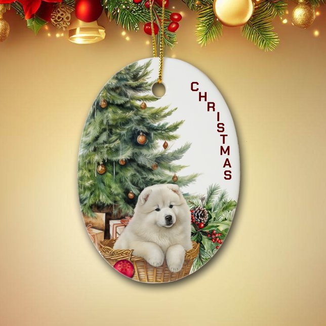 Samoyed Puppy Wicker Basket Weihnachten Keramik Ornament (Von Creator hochgeladen)