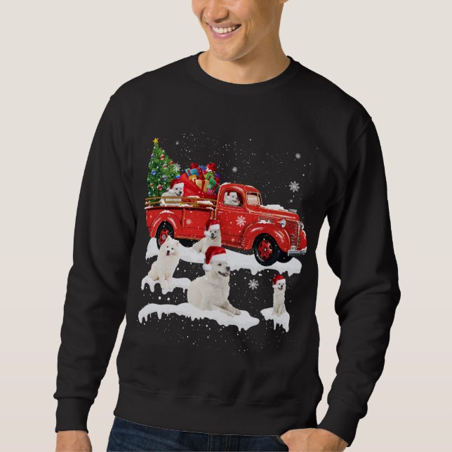 Samoyed Riding Red Truck Frohe Weihnachts Weihnach Sweatshirt (Vorderseite)