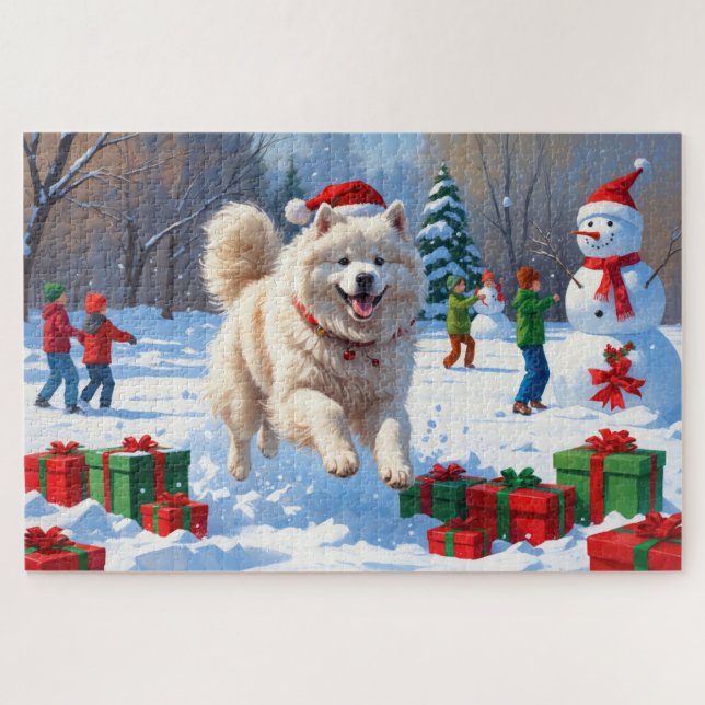 Samoyed Running in Snow mit Weihnachtshut (Horizontal)