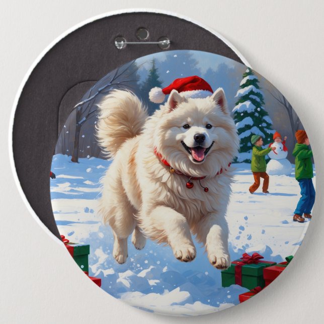 Samoyed Running in Snow mit Weihnachtshut Button (Vorne & Hinten)