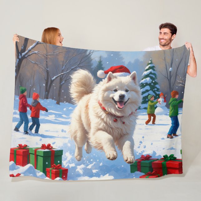 Samoyed Running in Snow mit Weihnachtshut Fleecedecke (Beispiel)