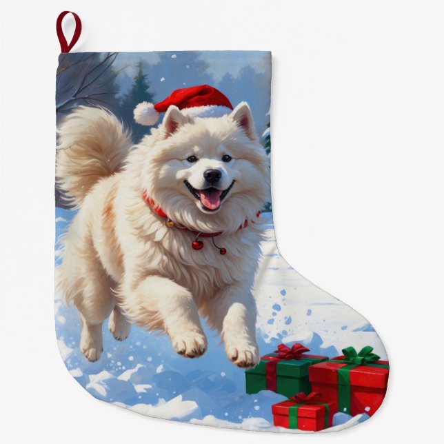 Samoyed Running in Snow mit Weihnachtshut Großer Weihnachtsstrumpf (Vorderseite)