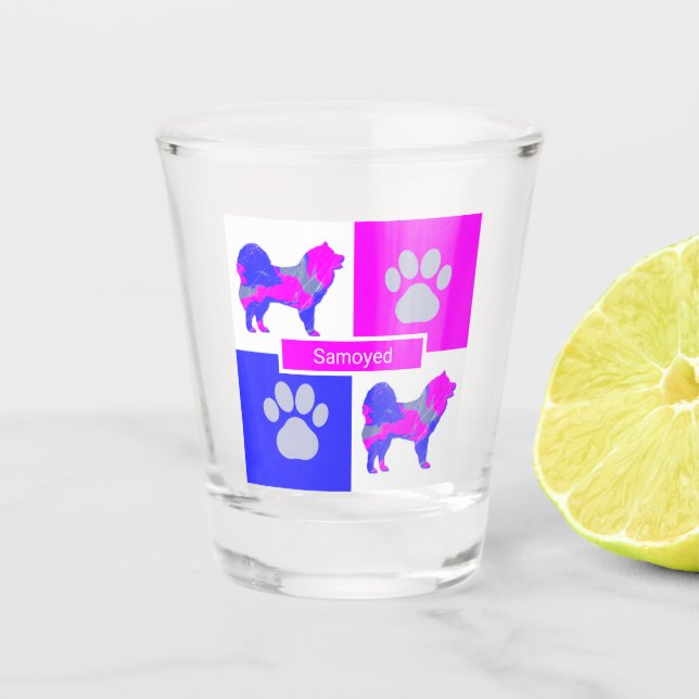 Samoyed Silhouette Dog & Paw Pink Blue Square Schnapsglas (Vorderseite)