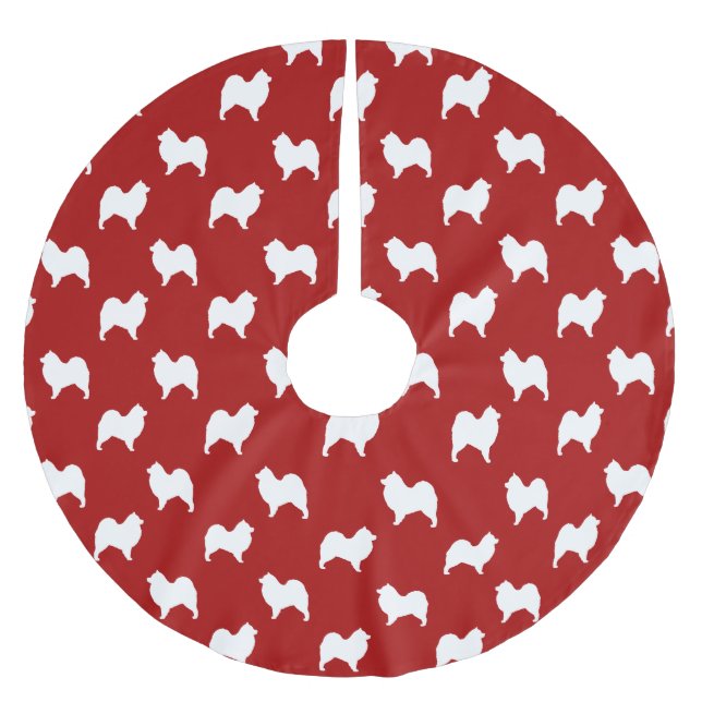 Samoyed-Silhouette-Muster-Rot Polyester Weihnachtsbaumdecke (Vorderseite)
