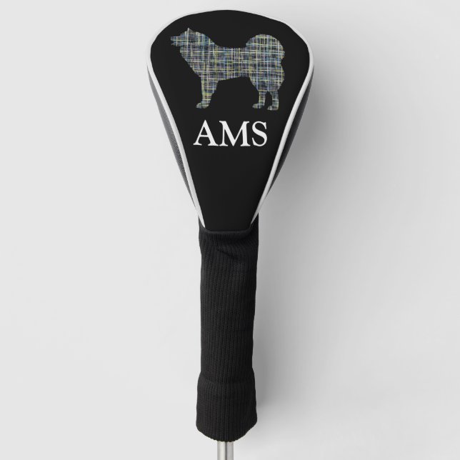 Samoyed Smiling Sammy Hund Silhouette Y&Blue Grid Golf Headcover (Vorderseite)