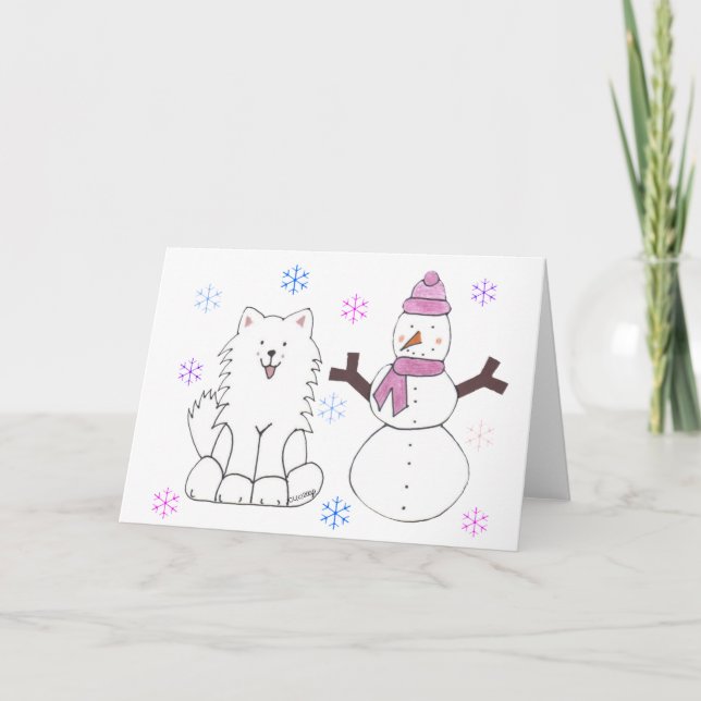 Samoyed & Snowman Feiertagskarte (Vorderseite)
