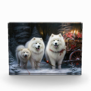 Samoyed Snowy Sleigh Weihnachtsdekor Fotoblock