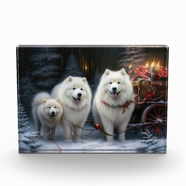 Samoyed Snowy Sleigh Weihnachtsdekor Fotoblock (Vorderseite)
