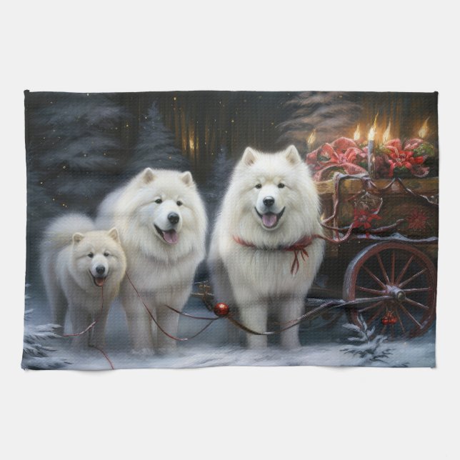 Samoyed Snowy Sleigh Weihnachtsdekor Geschirrtuch (Horizontal)