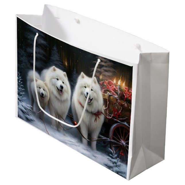 Samoyed Snowy Sleigh Weihnachtsdekor Große Geschenktüte (Vorderseite Schrägansicht)
