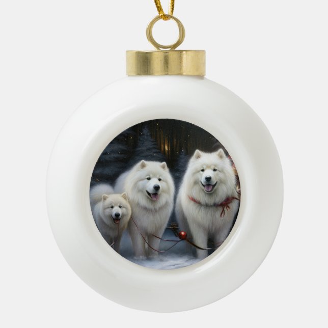 Samoyed Snowy Sleigh Weihnachtsdekor Keramik Kugel-Ornament (Vorderseite)